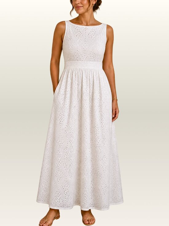 Scoop Dresses & Skirts - White Eyelet Cotton Maxi Dress Fit Flare Open Back Bow L Summer Boho Beach NWT